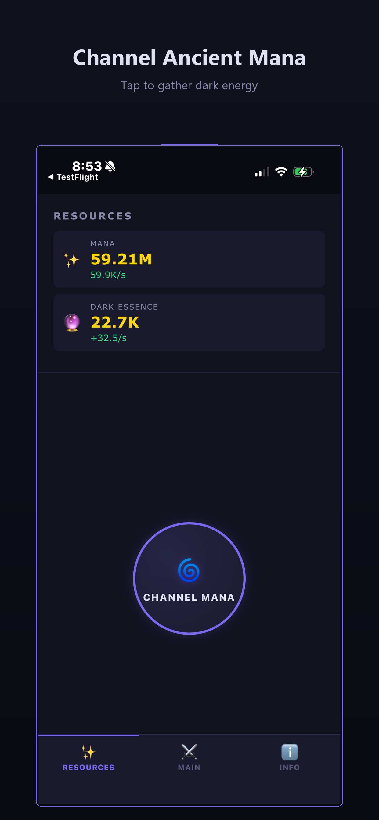 Resource display with mana and dark essence